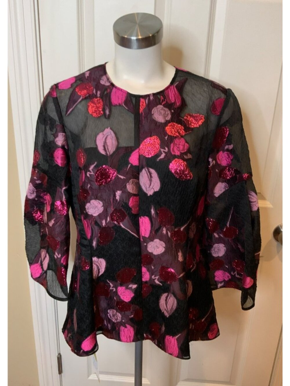 Lela Rose Black Shimmering Pink Rose Jacquard Top, Size 12